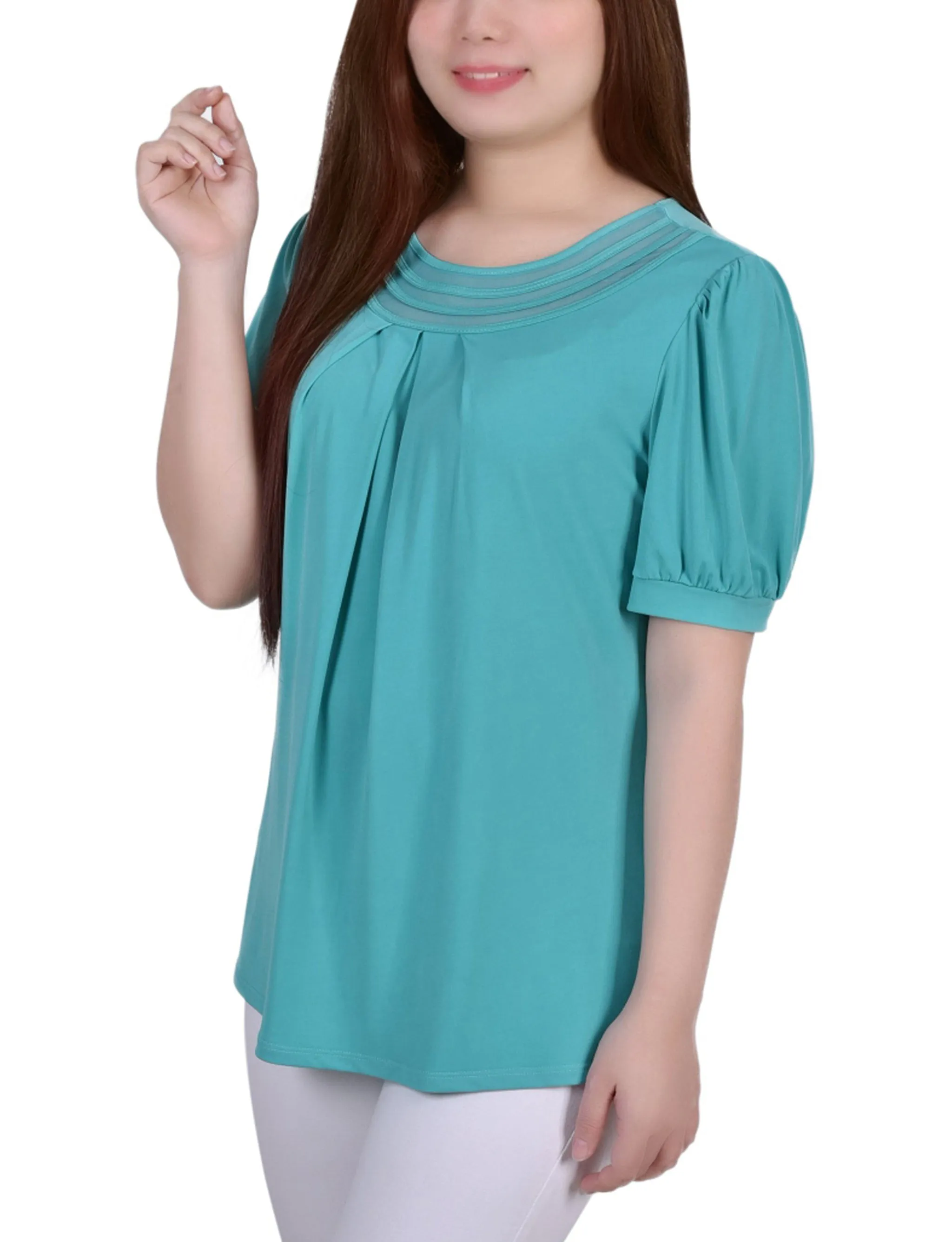 Short Puff Sleeve Sheer Inset Top