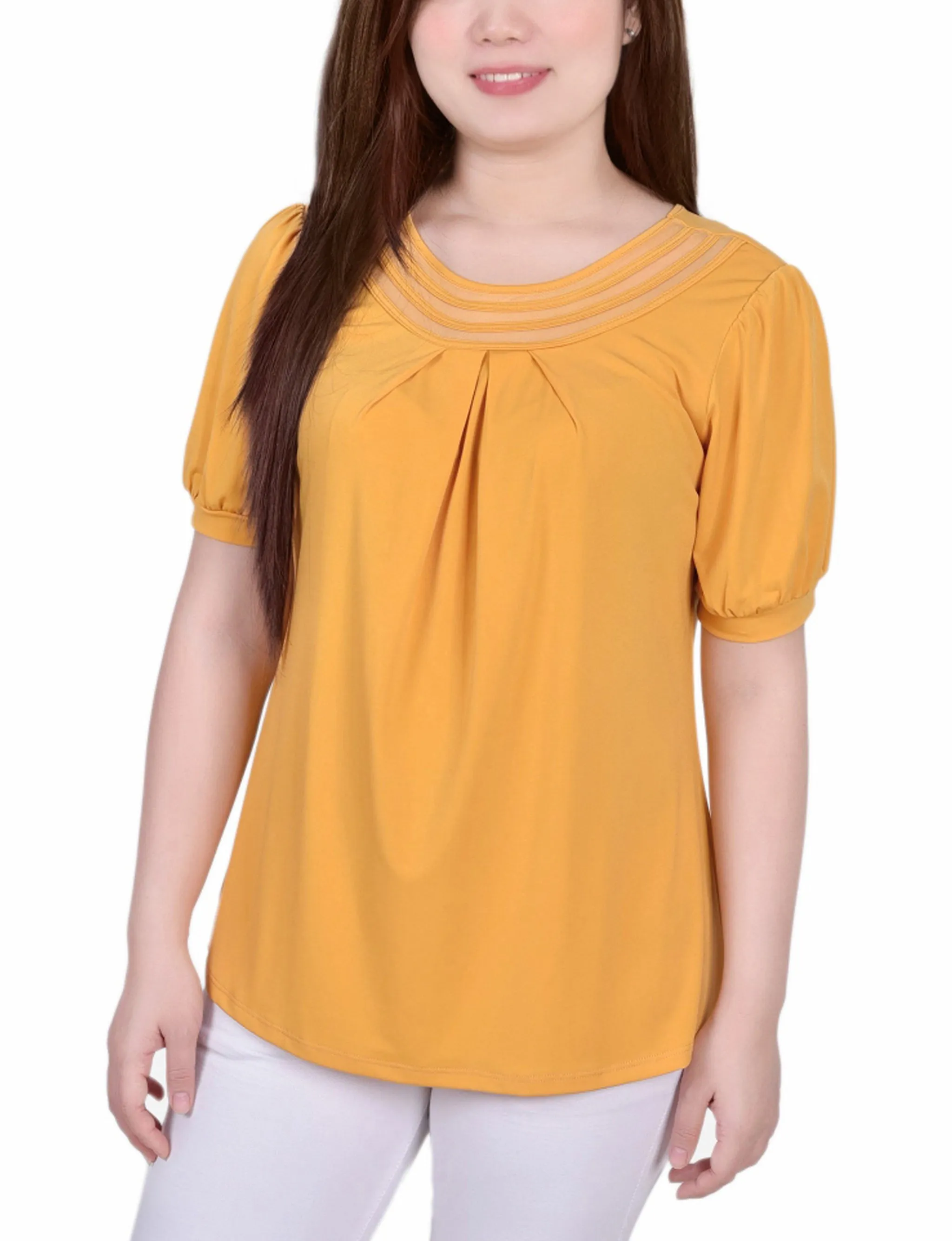 Short Puff Sleeve Sheer Inset Top