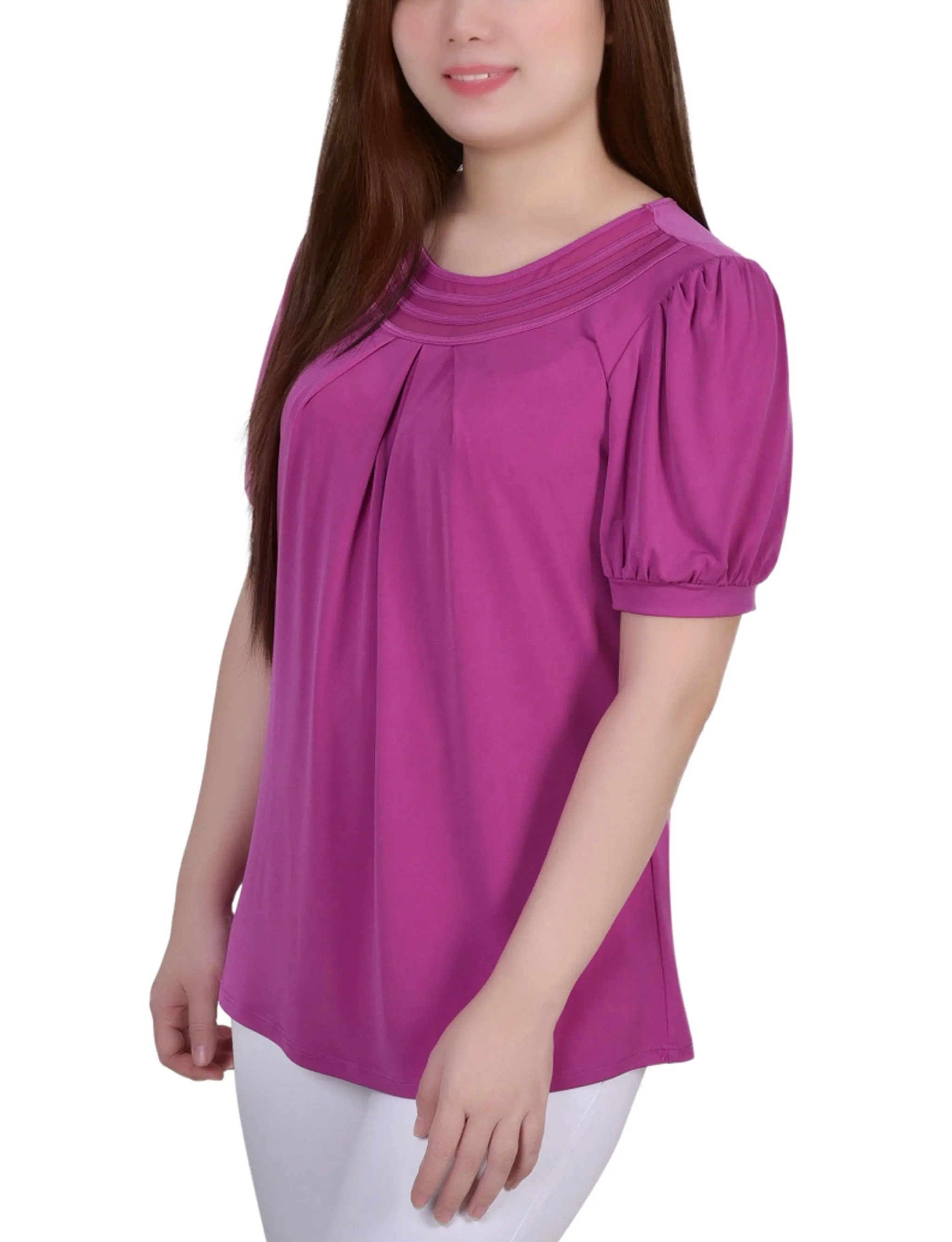 Short Puff Sleeve Sheer Inset Top