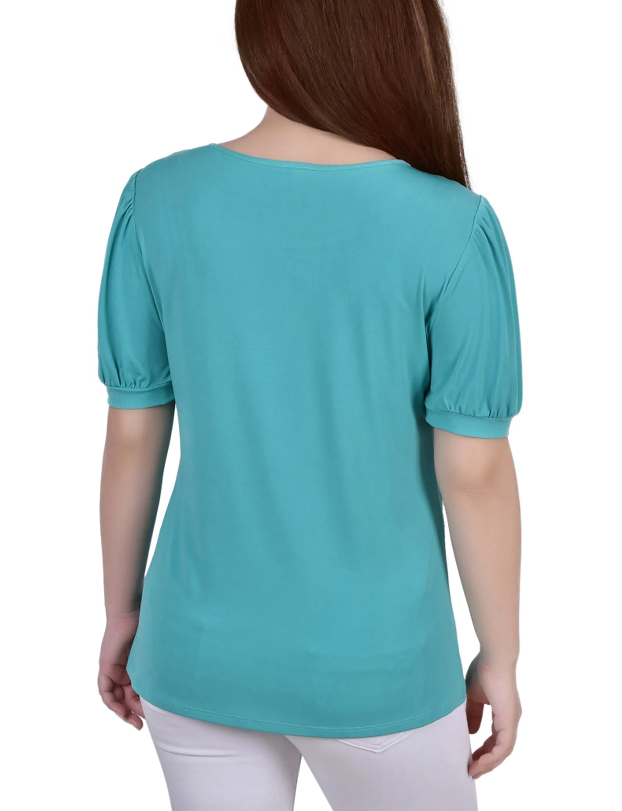 Short Puff Sleeve Sheer Inset Top