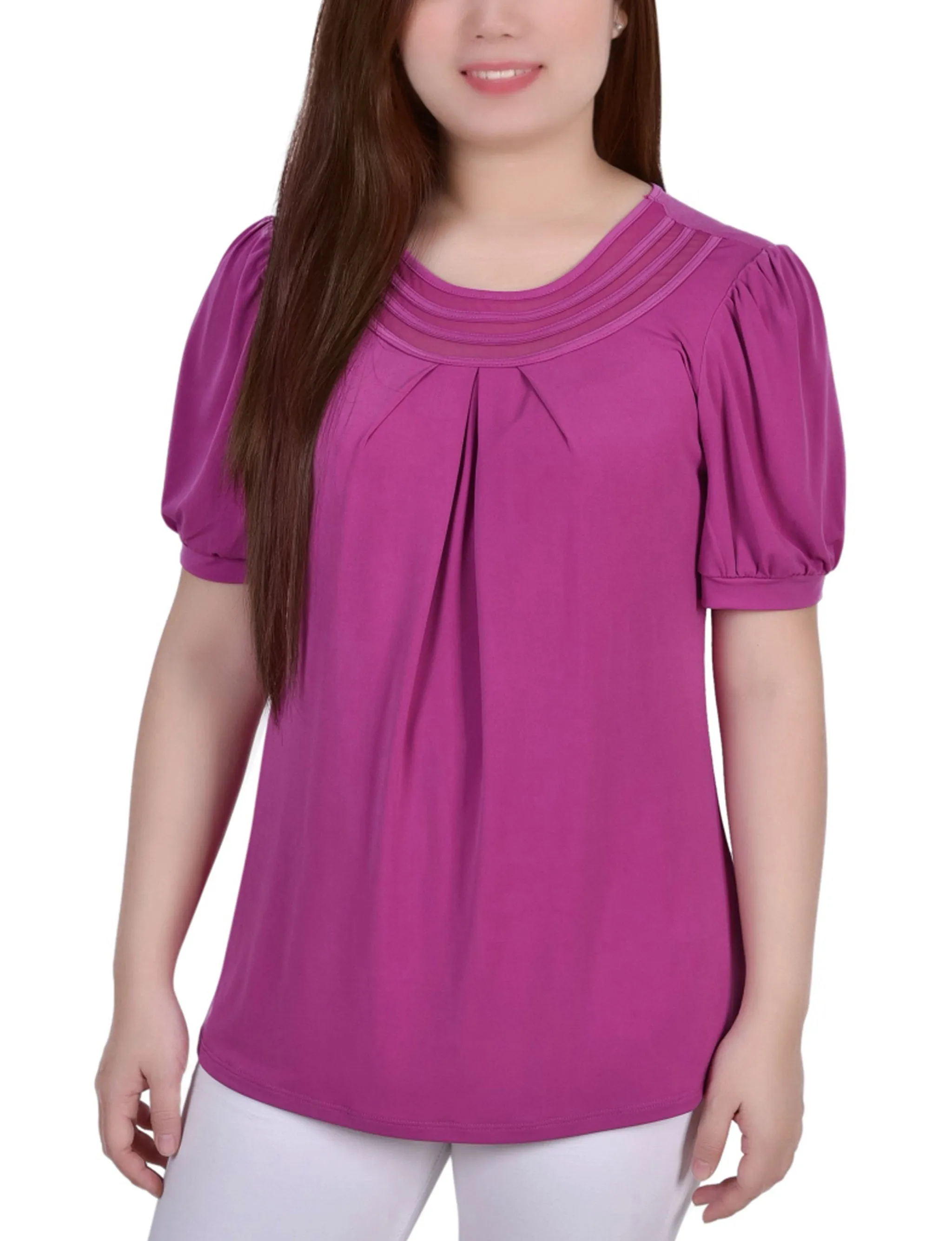 Short Puff Sleeve Sheer Inset Top