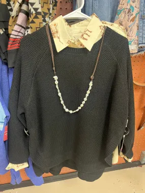 Solid Black Texture Round Bottom Sweater