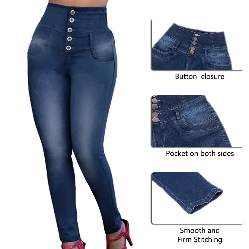 Spring Casual Ladies' Slim Stretchy High Waist Single-breasted Jeans