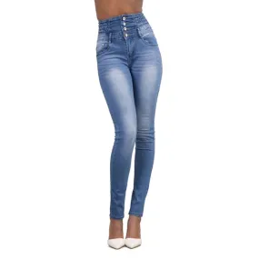 Stretchy Denim Skinny Button Front High Waist Jeans