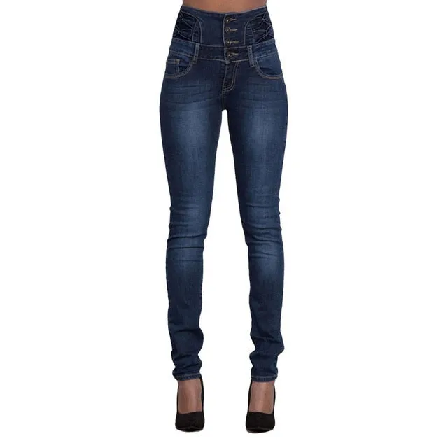 Stretchy Denim Skinny Button Front High Waist Jeans