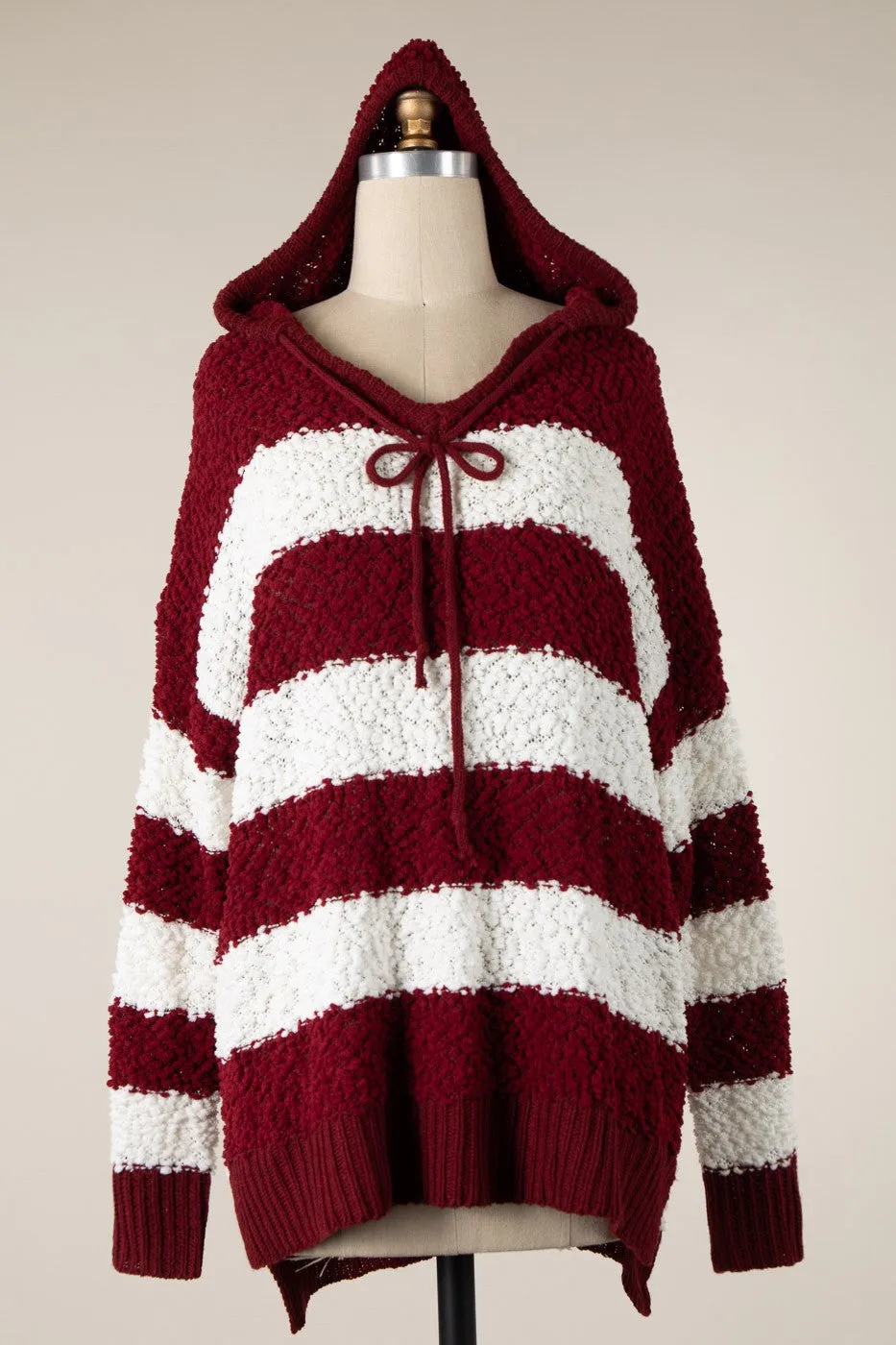 STRIPED POPCORN KNIT HOODIE SWEATER 1 PACK