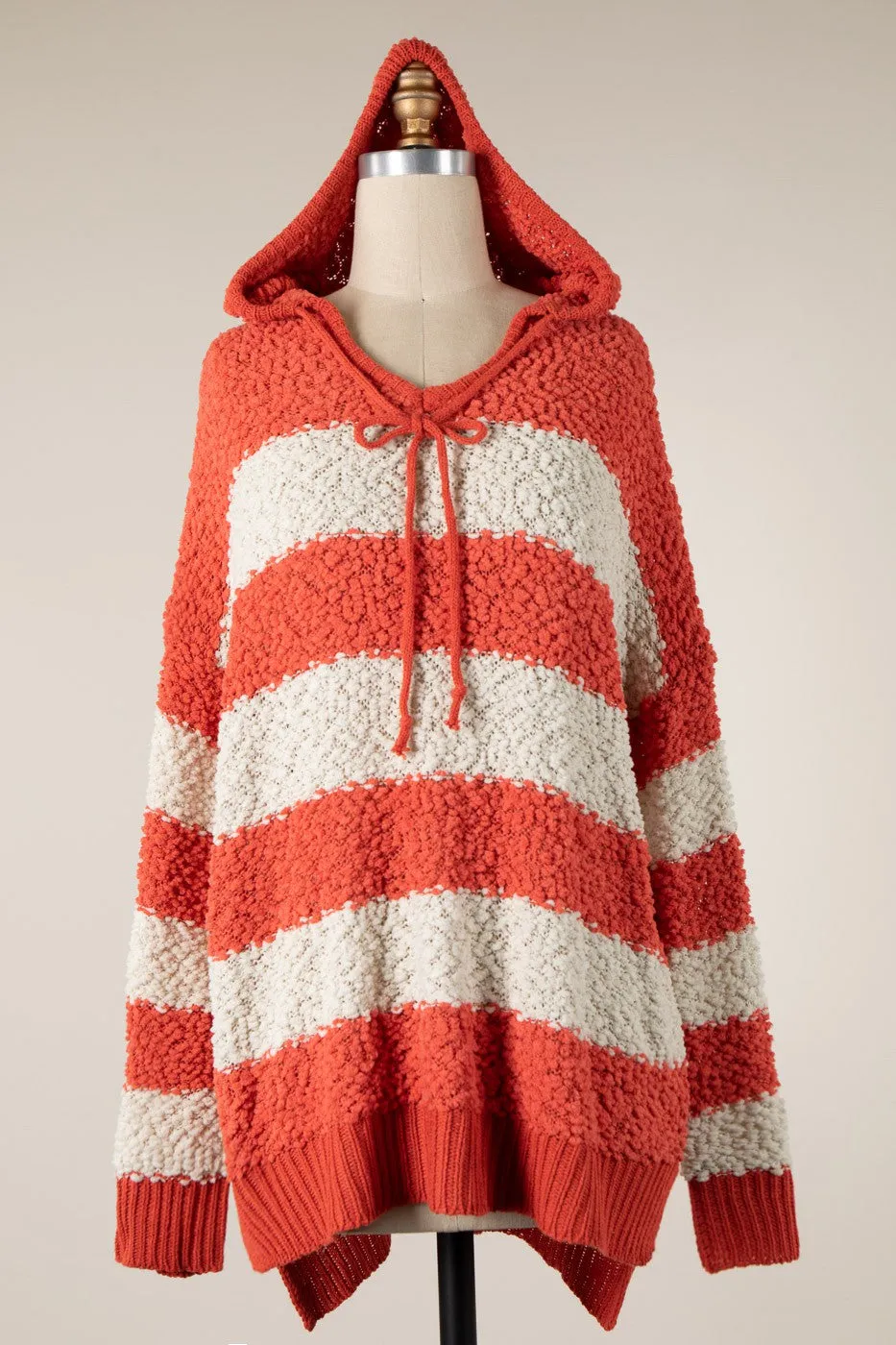 STRIPED POPCORN KNIT HOODIE SWEATER 1 PACK