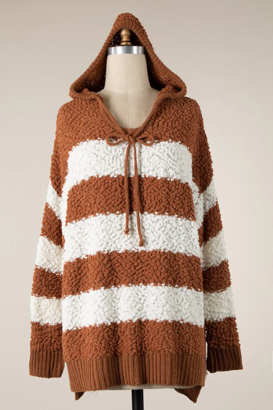 STRIPED POPCORN KNIT HOODIE SWEATER 1 PACK