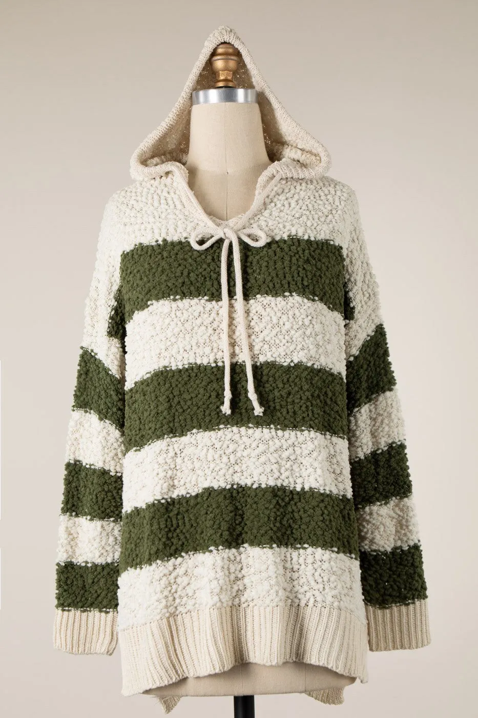 STRIPED POPCORN KNIT HOODIE SWEATER 1 PACK