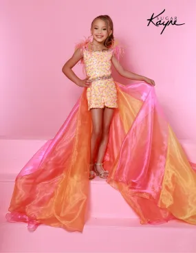 Sugar Kayne C349 Girls Sequin Pageant Romper Overskirt Feathers Fun Fashion Shimmer