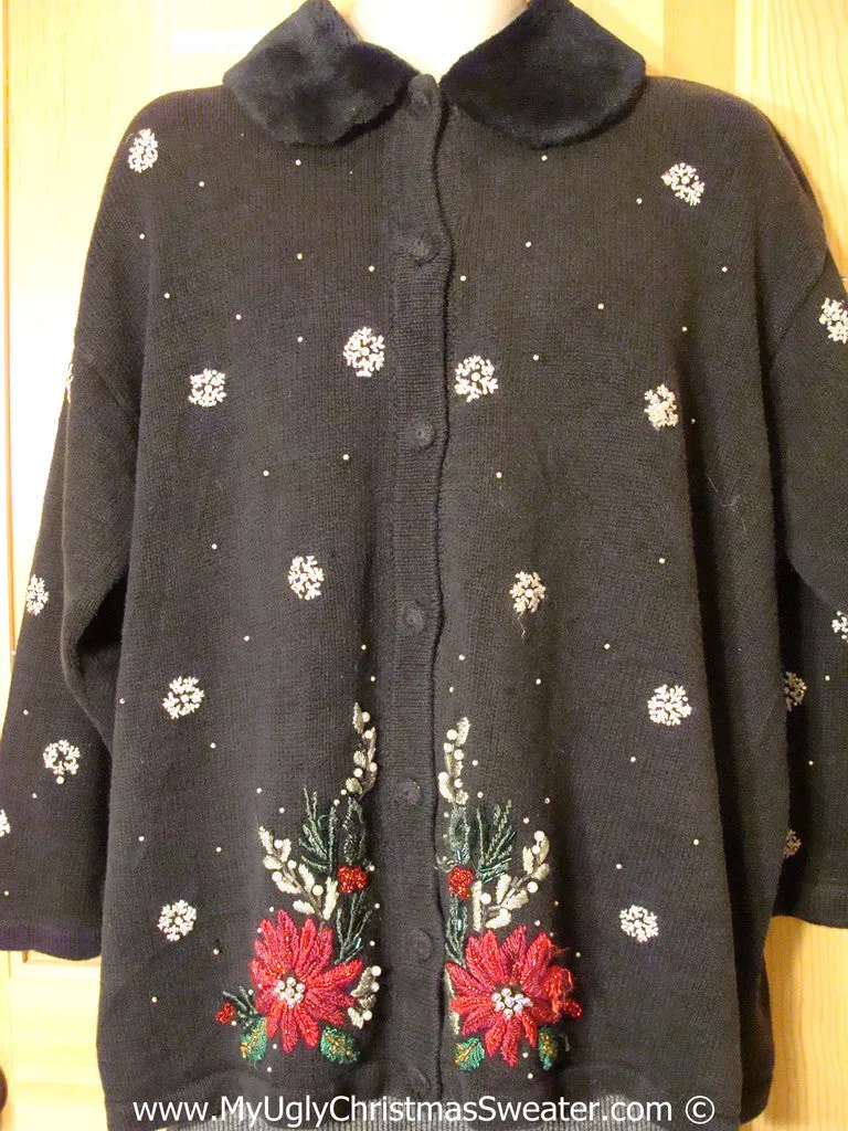 Tacky Poinsettia Christmas Sweater with Furry Collar fits Mens XXXL (f1334)