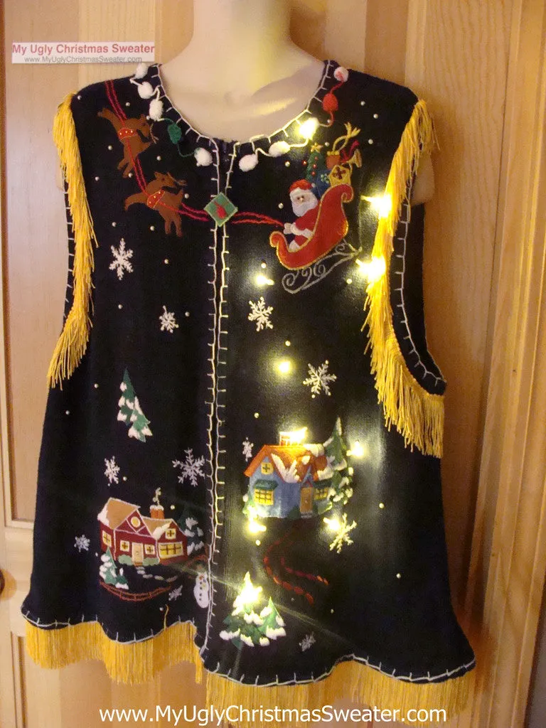 Tacky Ugly Christmas Sweater Santa and his Reindeer with Lights and Fringe XXXL (g89)