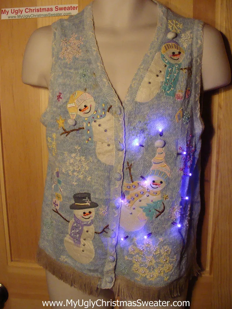 Tacky Ugly Christmas Sweater Vest with Lights and Fringe. Smiling Snowmen with Stick Arms.  (g36)