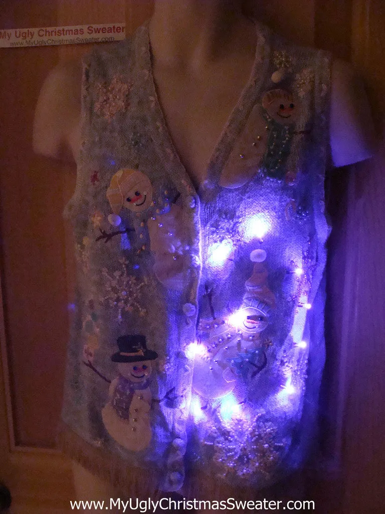 Tacky Ugly Christmas Sweater Vest with Lights and Fringe. Smiling Snowmen with Stick Arms.  (g36)