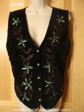 Tacky Velvety Vest with Sequin Bling Poinsettias (f1215)