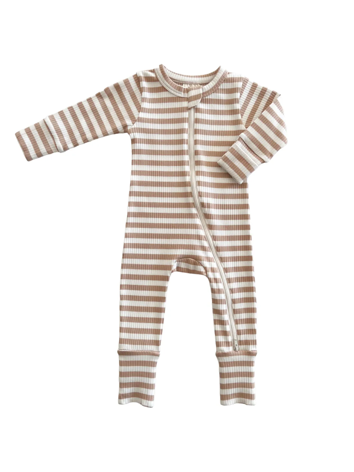 Tan Stripe / Organic Ribbed 2-Way Zip Romper