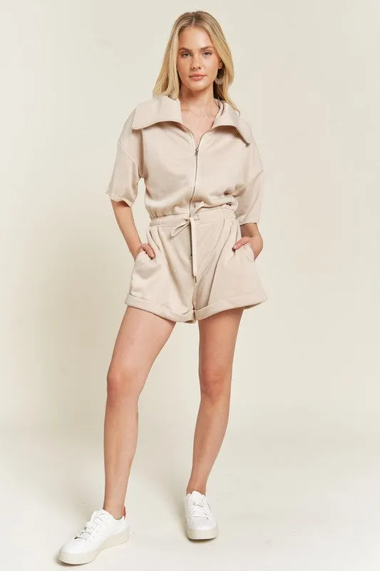 Terry Knit Beige Collared Drawstring Shorts Romper