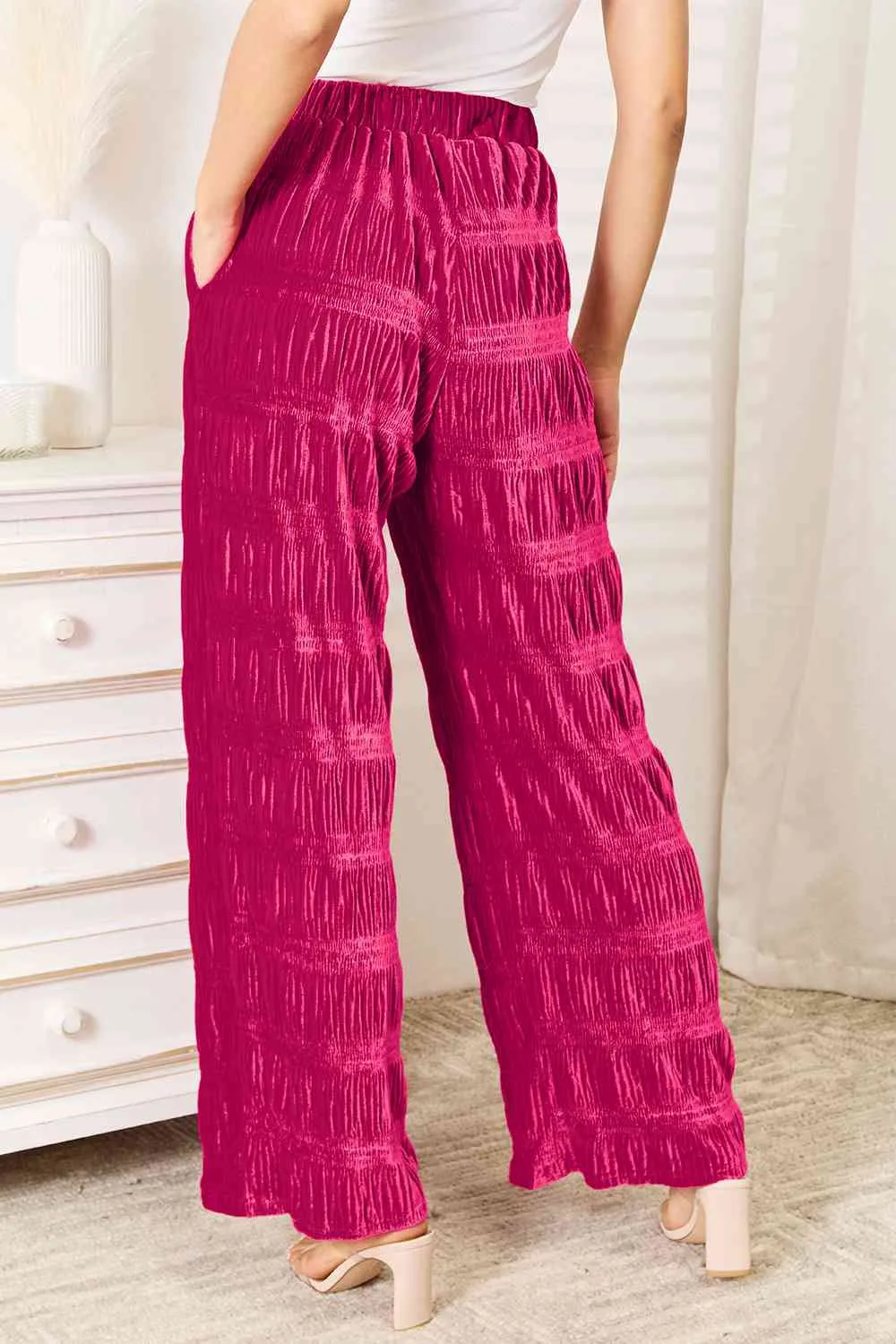 Tiered Shirring Velvet High Waist Wide Leg Pants