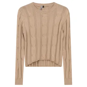 top l/s knit cabled - dark sand