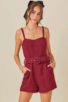 TWEED BELTED ROMPER IN WINE