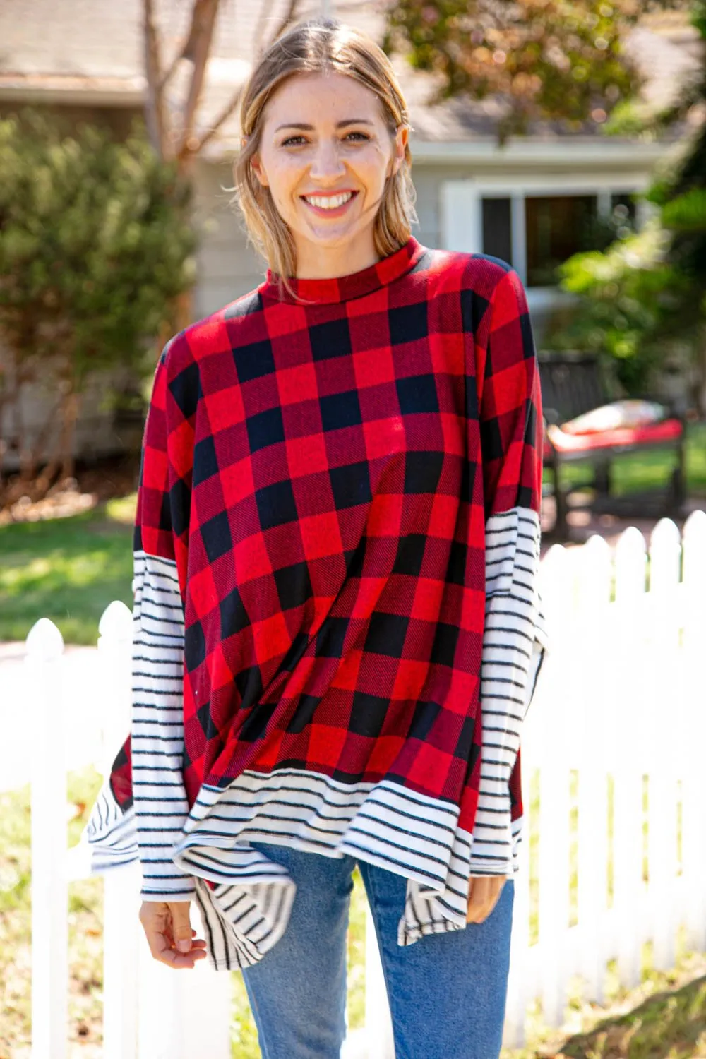 Two Tone Hacci Plaid Stripe Poncho Top