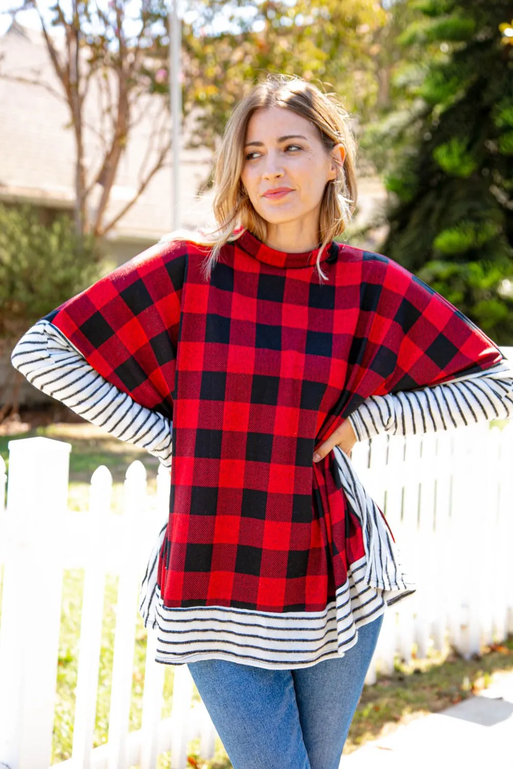 Two Tone Hacci Plaid Stripe Poncho Top