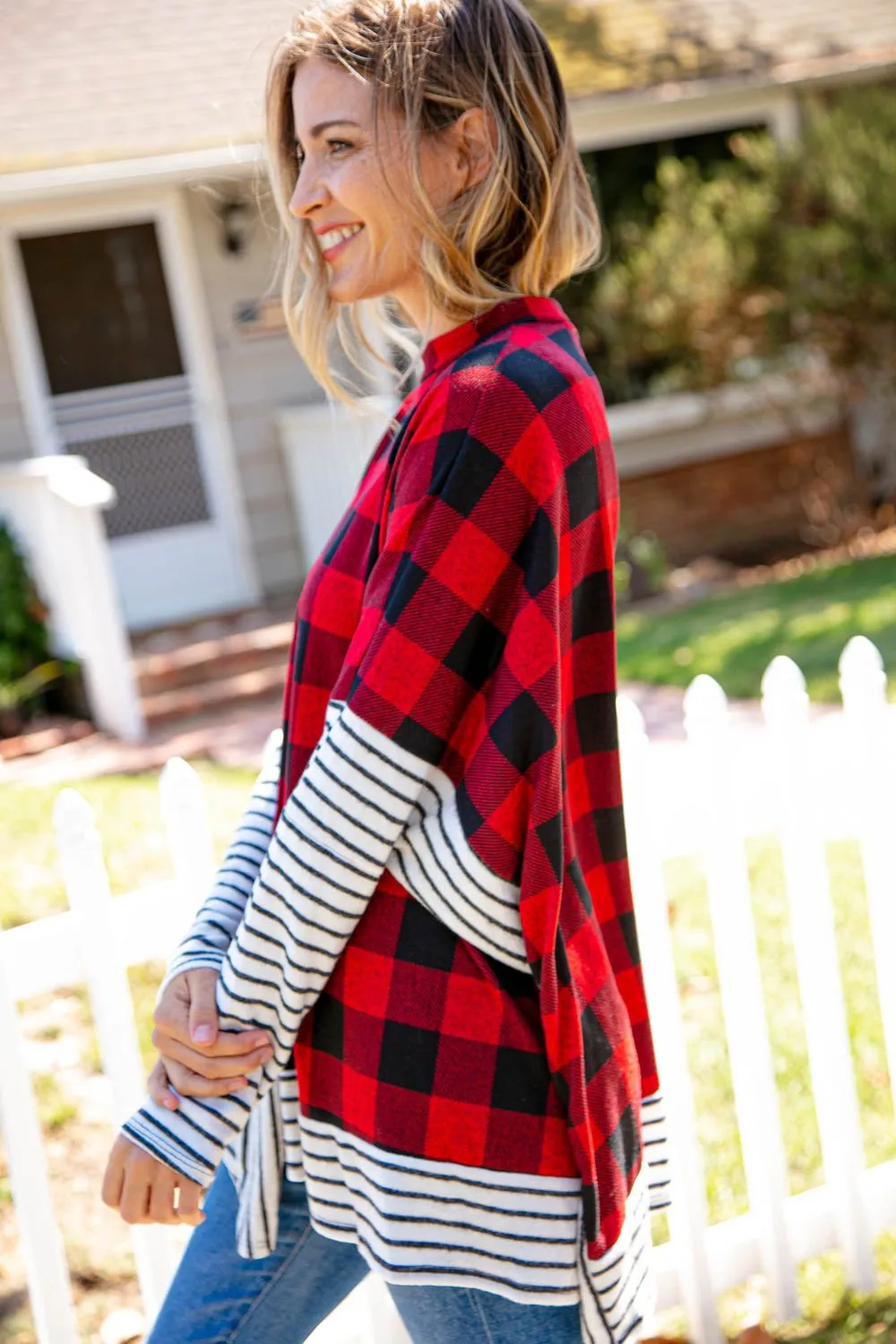 Two Tone Hacci Plaid Stripe Poncho Top