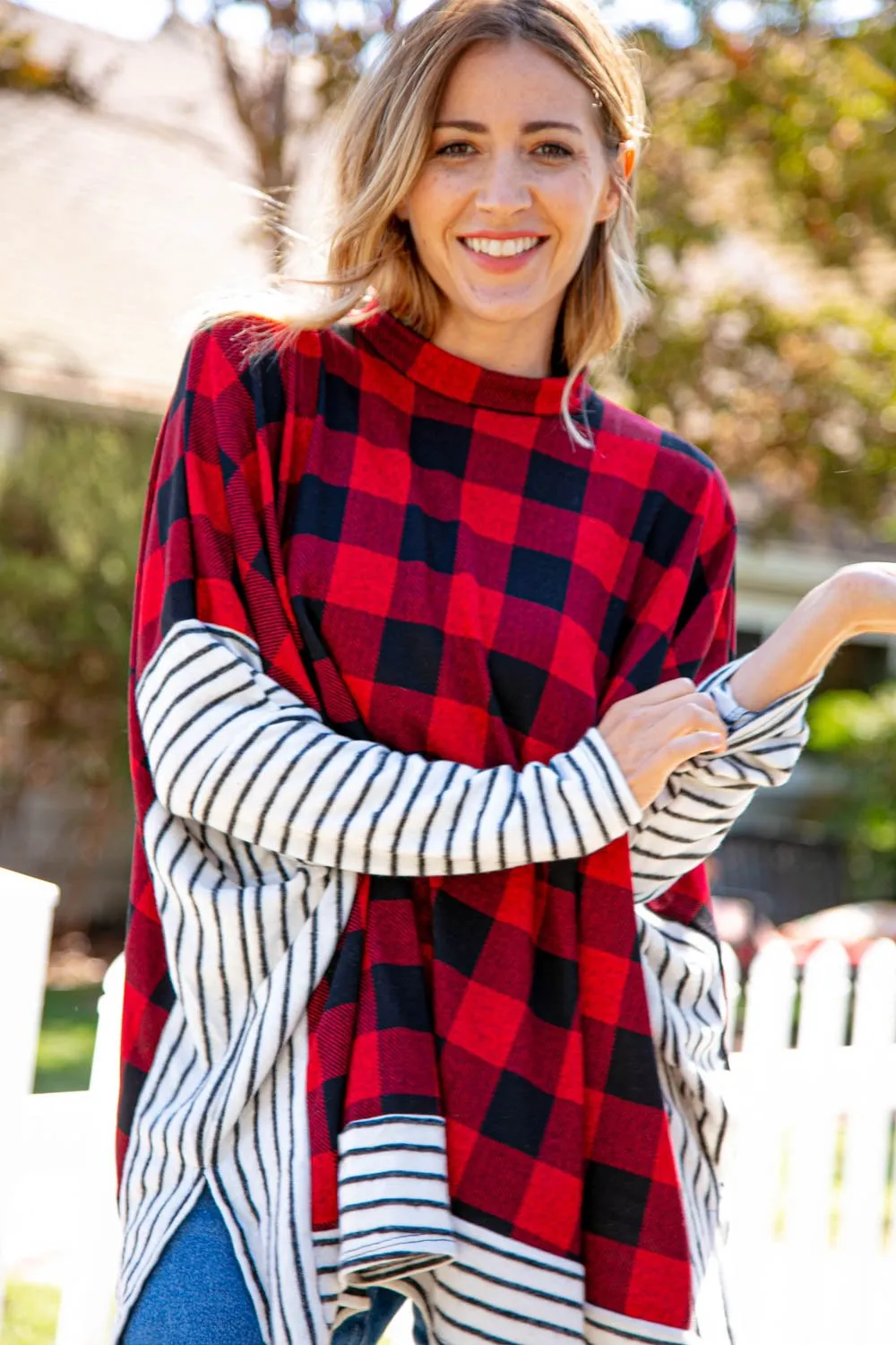 Two Tone Hacci Plaid Stripe Poncho Top