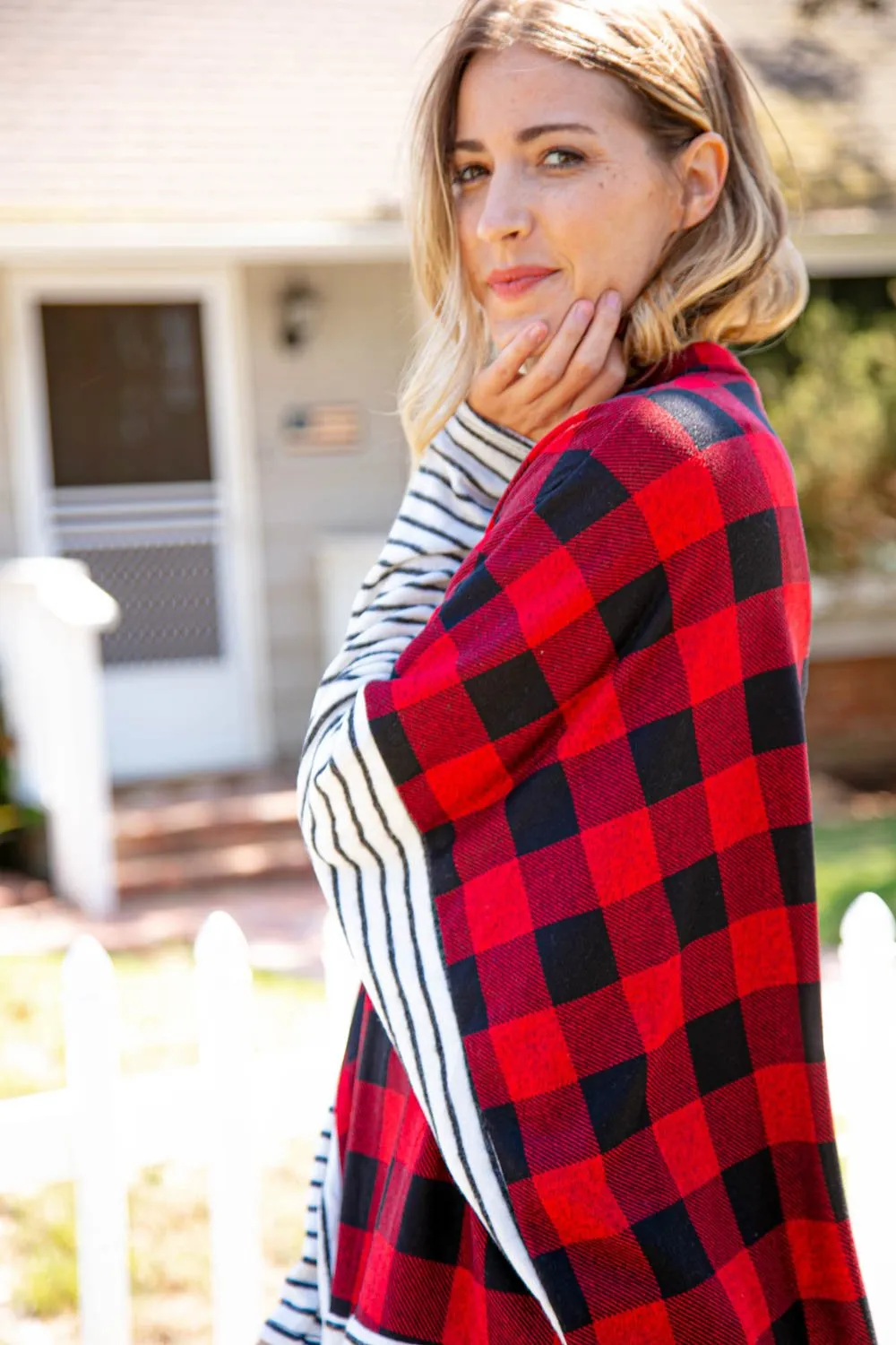 Two Tone Hacci Plaid Stripe Poncho Top