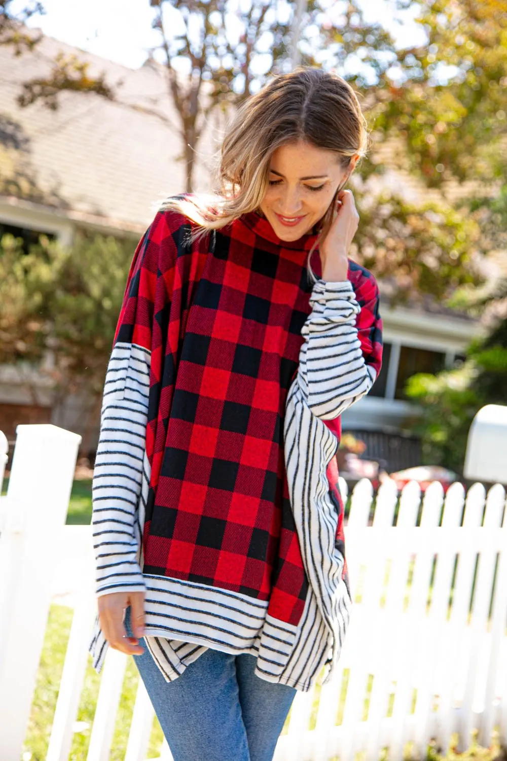 Two Tone Hacci Plaid Stripe Poncho Top