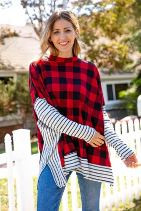 Two Tone Hacci Plaid Stripe Poncho Top