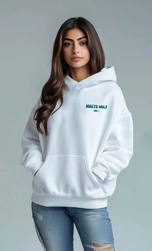 Unisex White Wolf Premium Fleece- Hoodie (White) Turquoise