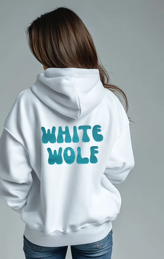 Unisex White Wolf Premium Fleece- Hoodie (White) Turquoise