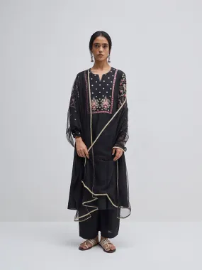 Vark Black Embroidered A-Line Kurta, Pants and Dupatta Set