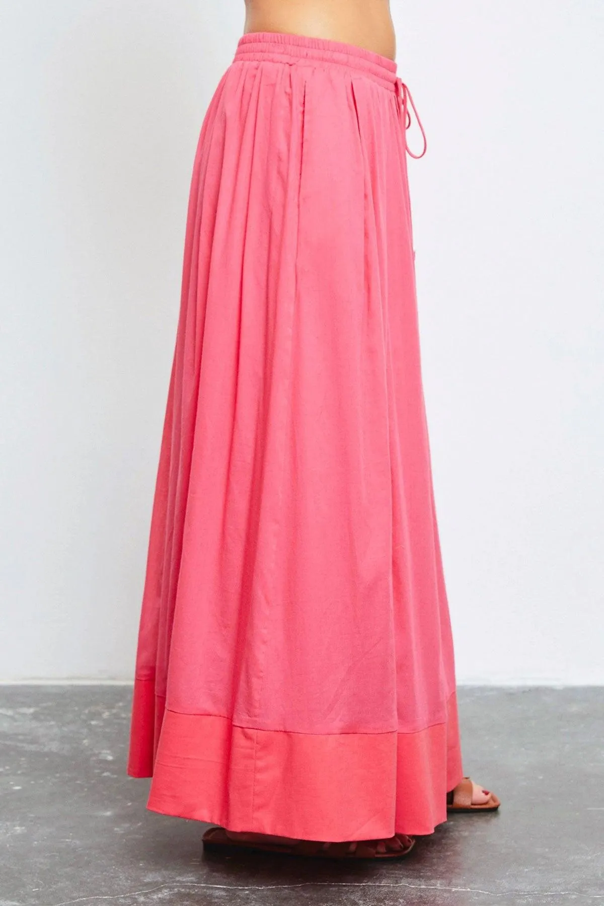 Western Boho Colorblock Front Tie Elastic Waist Maxi Skirt