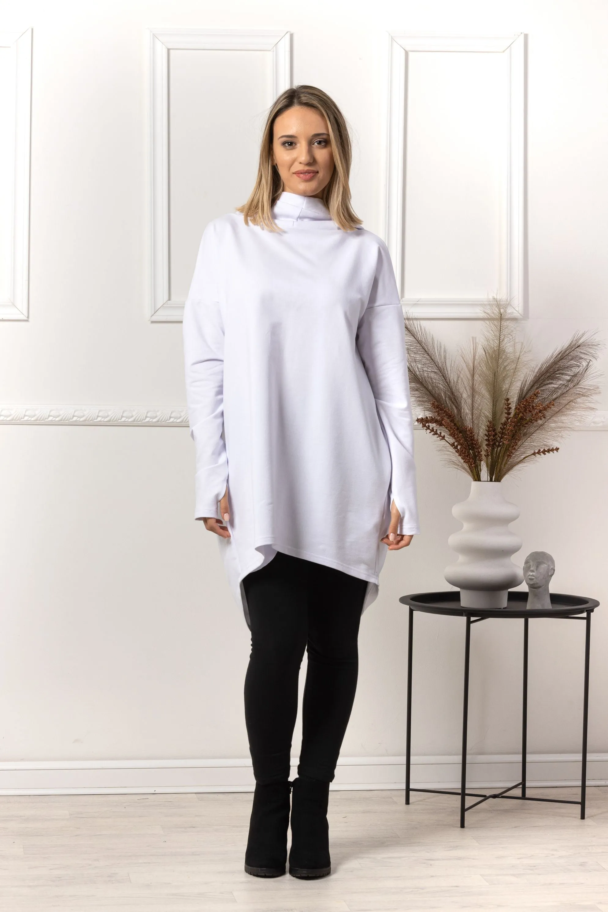 White Oversized Hoodie with Thumb Holes