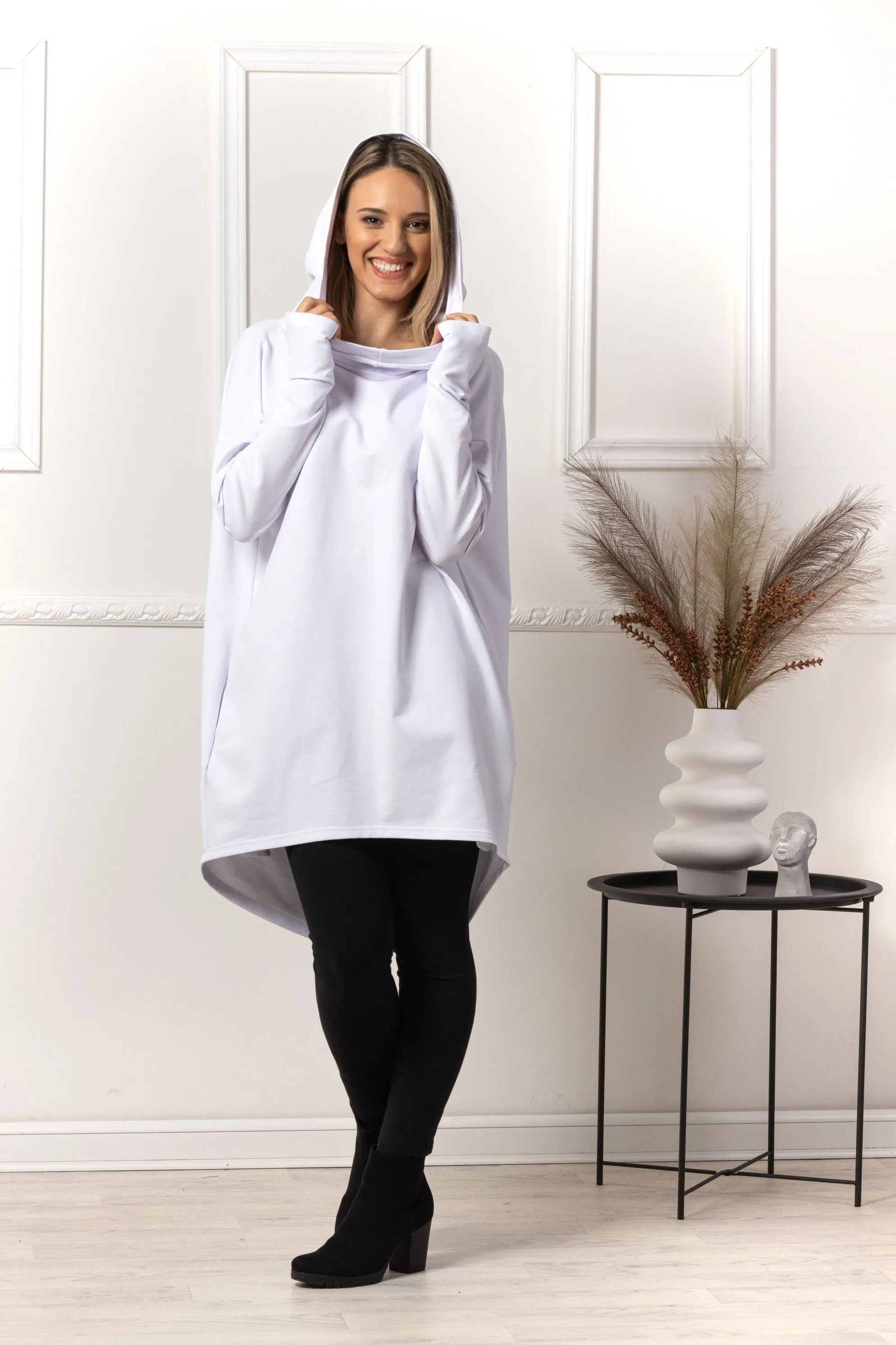 White Oversized Hoodie with Thumb Holes