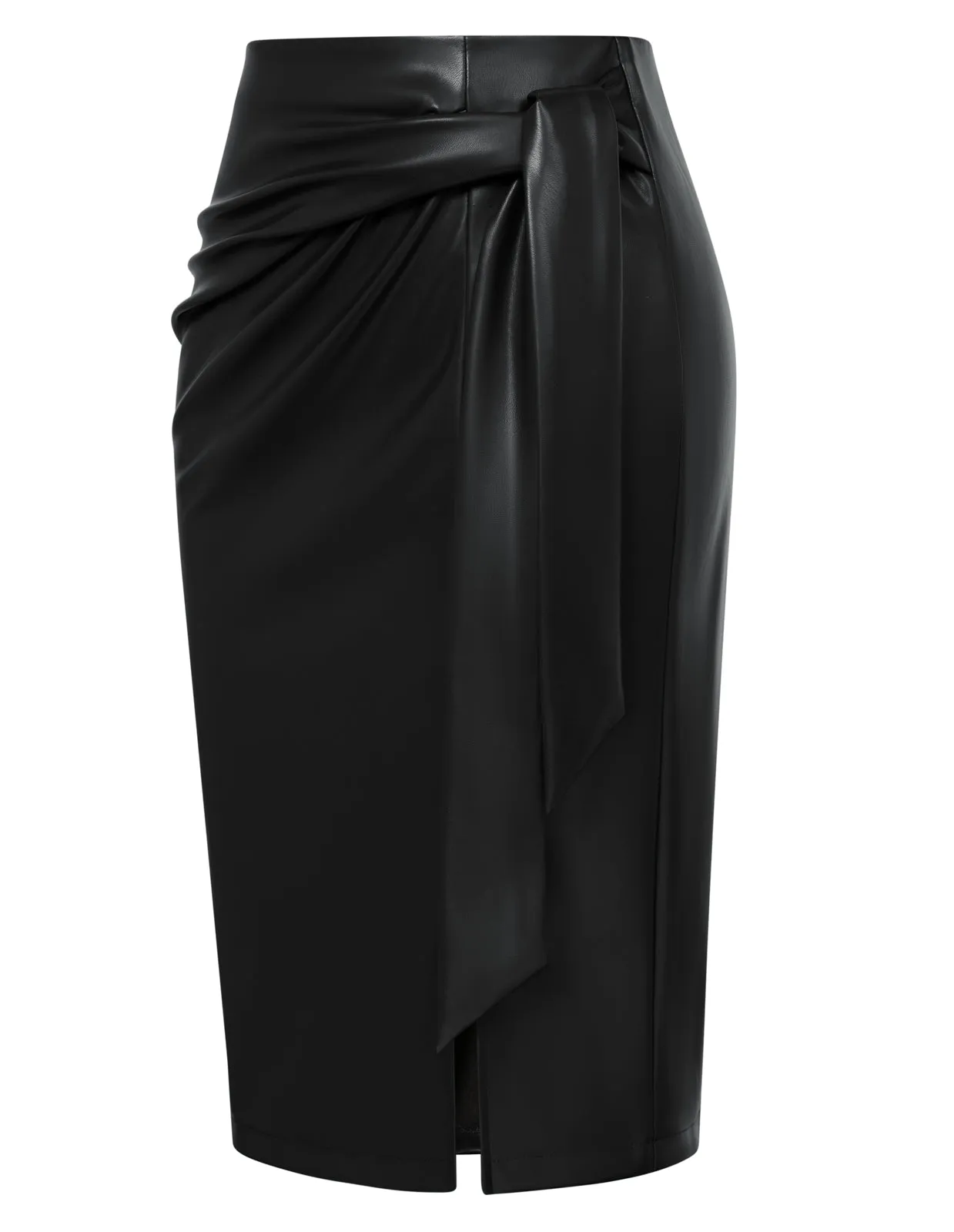 Women Polyurethane Leather Skirt OL High Waist Front Slit Bodycon Skirt