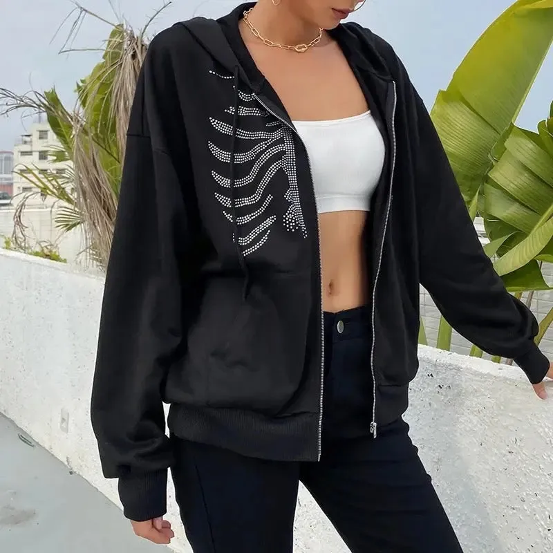 Women Rhinestone X-ray fashion hoodie jacket