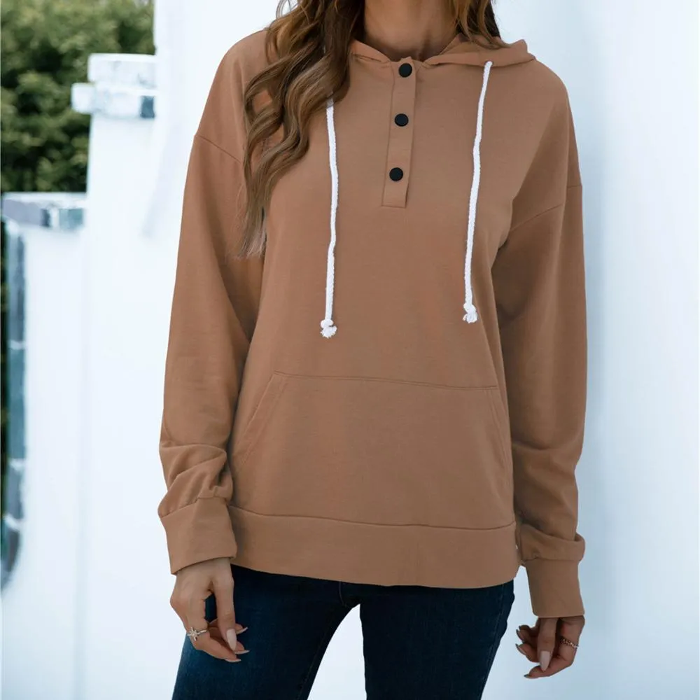 Women solid color button collar hoodie sweatshirt with pocket