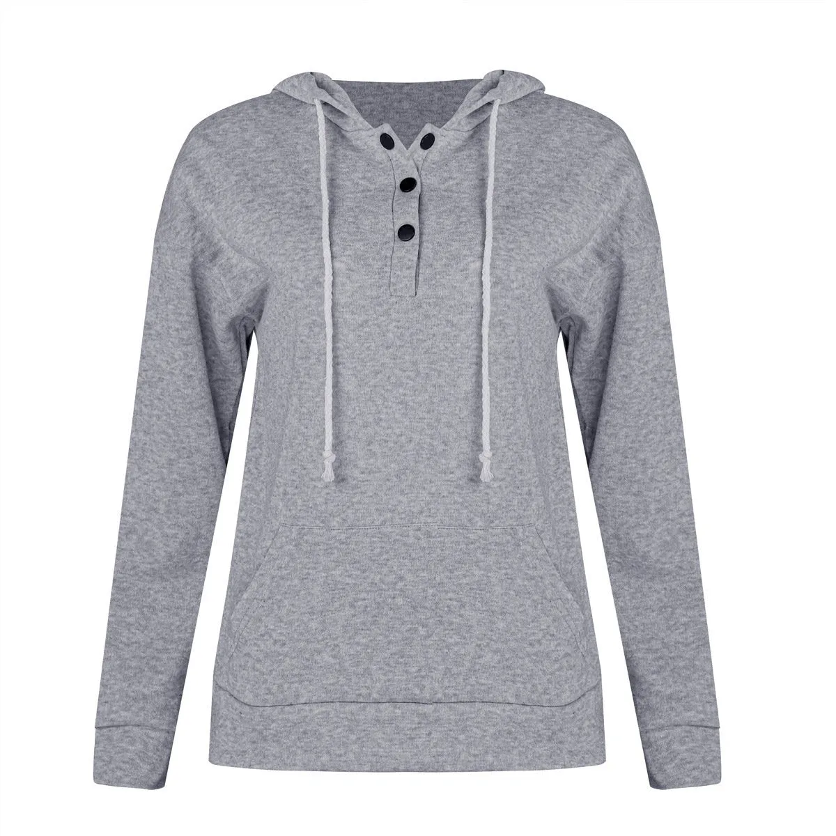 Women solid color button collar hoodie sweatshirt with pocket