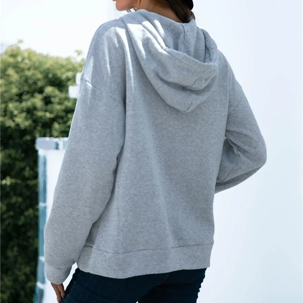 Women solid color button collar hoodie sweatshirt with pocket