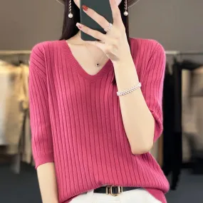 Women's Short Sleeve V-neck Knit Casual Sweater