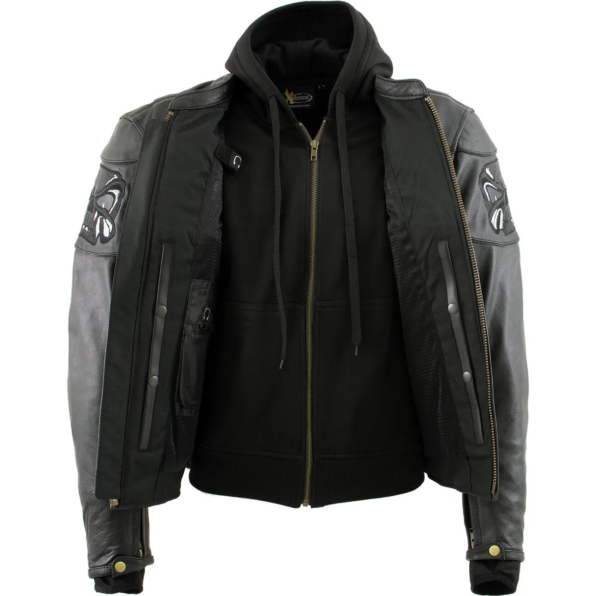 Xelement XS1504 Men's ‘Futile’ Black Leather CE Armored Motorcycle Hooded Jacket with Reflective Skulls