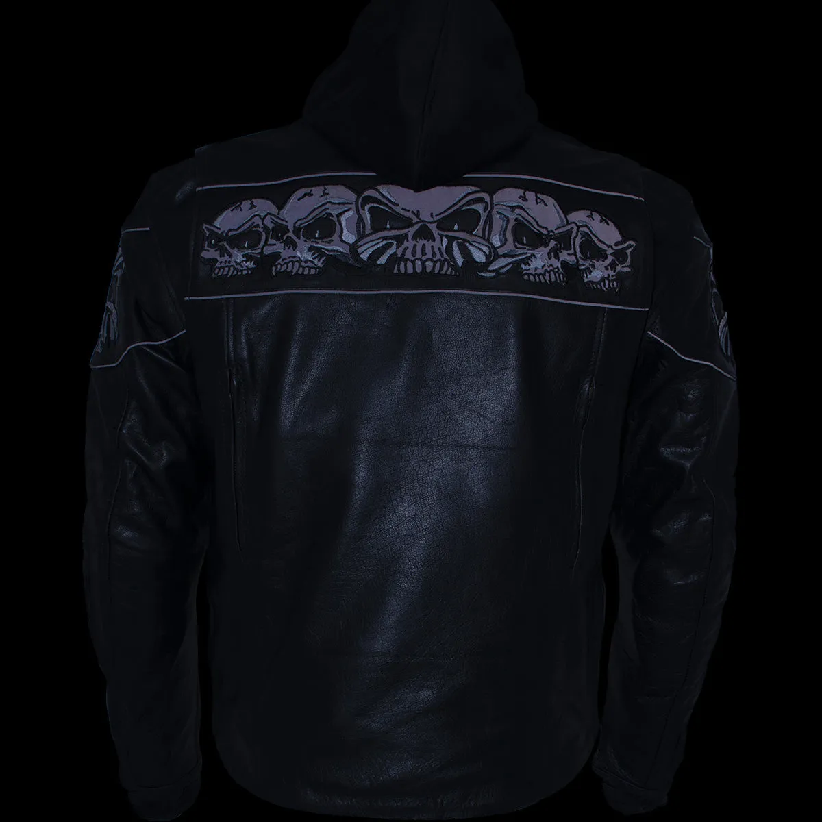 Xelement XS1504 Men's ‘Futile’ Black Leather CE Armored Motorcycle Hooded Jacket with Reflective Skulls