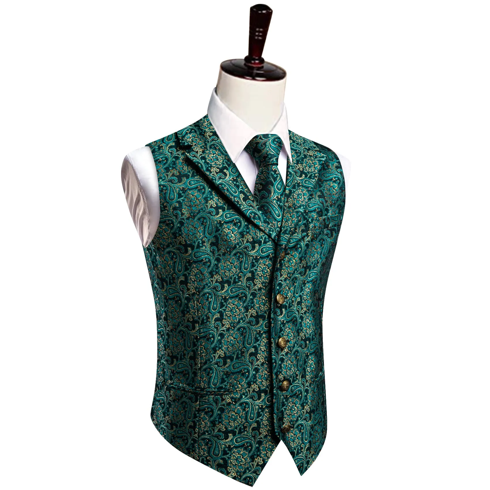 YourTies Dark Green Vest Teal Blue Paisley Mens Waistcoat Necktie Set