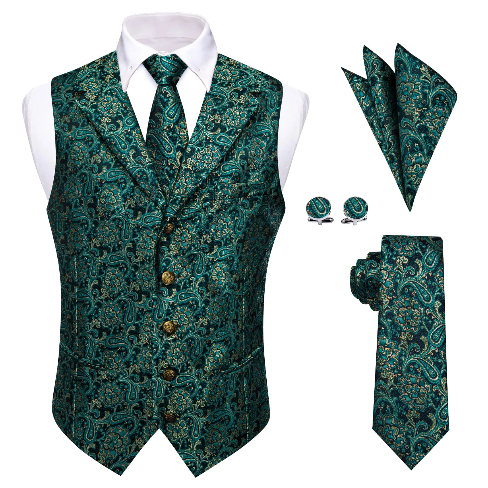 YourTies Dark Green Vest Teal Blue Paisley Mens Waistcoat Necktie Set