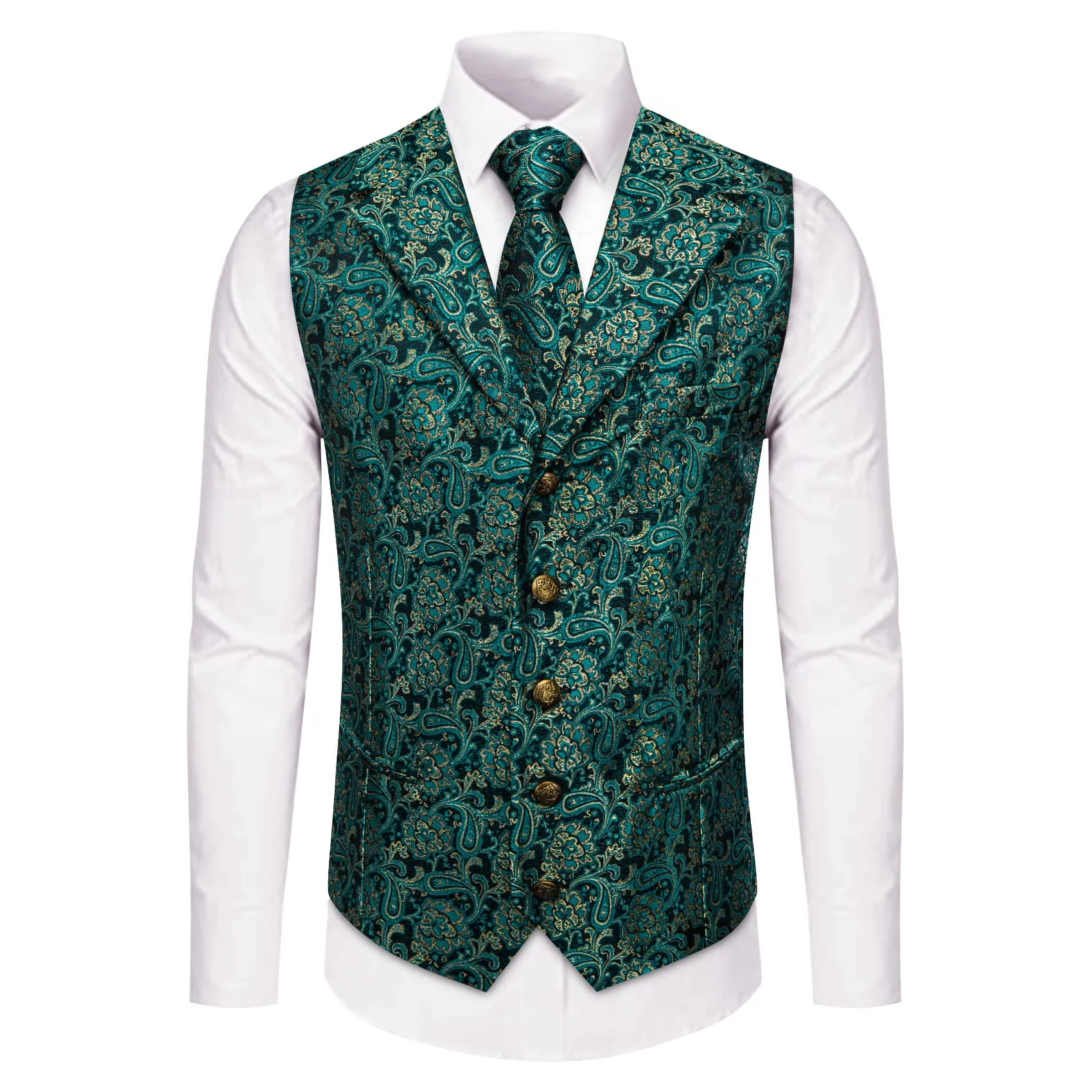 YourTies Dark Green Vest Teal Blue Paisley Mens Waistcoat Necktie Set