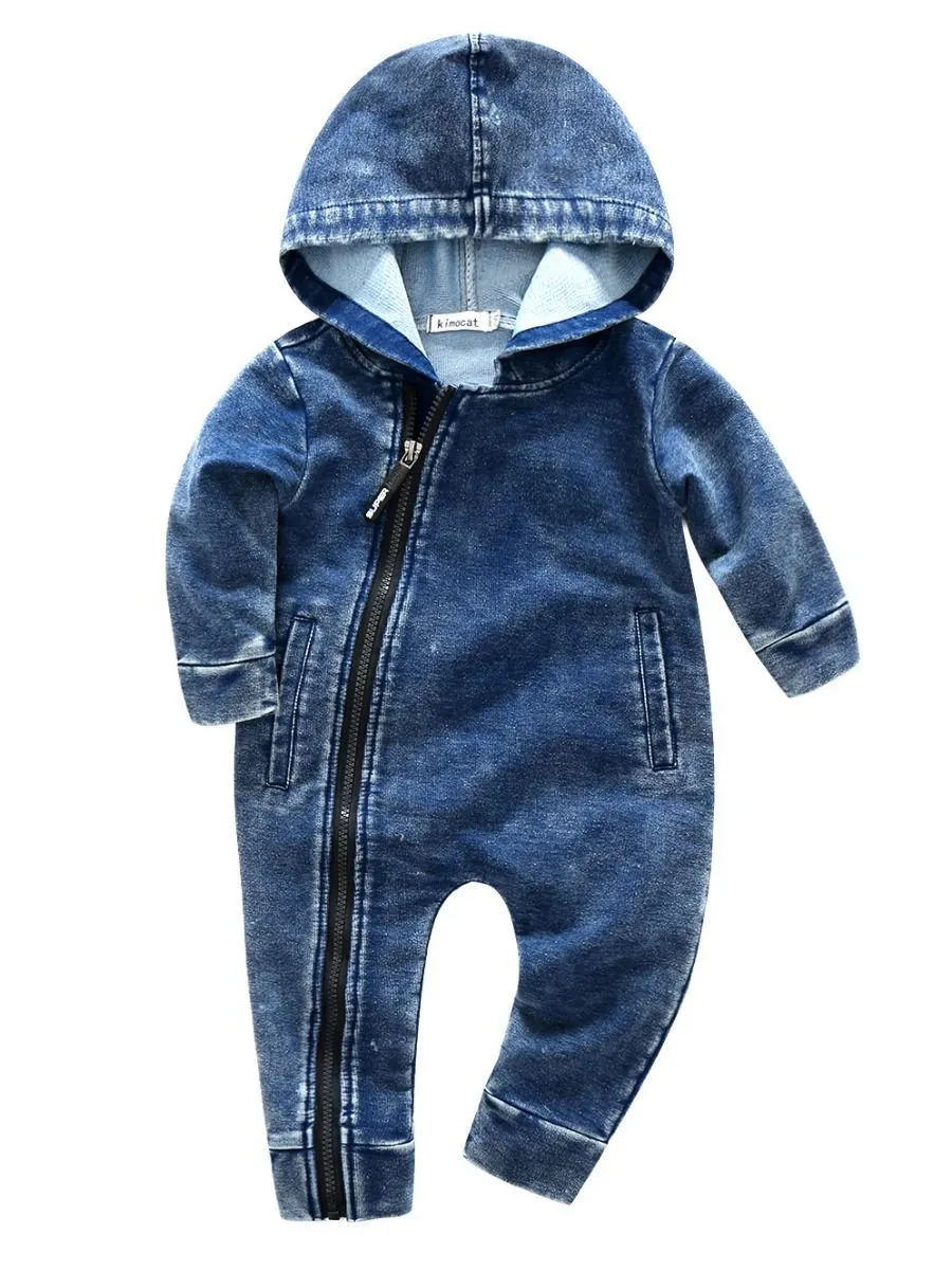 Zipper Style Bias Tape Baby Boy Denim Hooded Jumpsuit Coverall