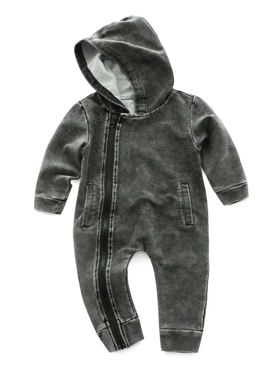 Zipper Style Bias Tape Baby Boy Denim Hooded Jumpsuit Coverall